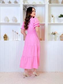 Midi Dress Luxury Elegant Sensory Cotton Short Sleeve - Màu Hồng baby - Xem 2