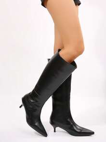 2025 Autumn/Winter New Pointed Toe Thigh High Boots For Women, Slim Heel Retro Personalized PU Leather Over-The-Knee Boots,Black Boots,Kitten Heels - Black - View 6