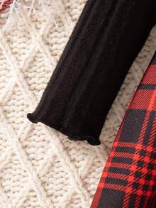Girls' Casual Plaid Pattern Bow Decor Round Neck Long Sleeve Knee-Length Dress, Suitable For Spring And Autumn - Red - View 6