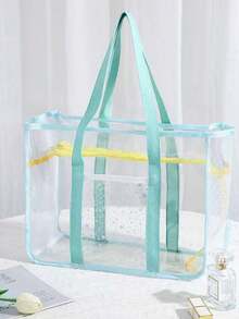 1 pieza Bolso de playa grande y transparente de estilo minimalista, bolso de playa de malla colorido, bolso de tote grande y transparente de PVC, bolso de playa plegable para mujer - transparente - Ver 13