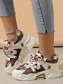 Novos Tênis Esportivos Femininos para Uso Externo, Design com Cadarço, Malha Respirável Marrom, Tênis Chunky na Moda, Tênis Casuais para Todas as Estações