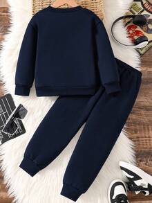 青少年男孩字母图案印花保暖圆领运动衫和运动裤套装 - 寶藍色 - 查看 2