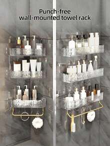 1 Piece Drill-Free Bathroom Shelf, A Large-Capacity Storage Shelf With Hooks, Wall-Mounted Via Suction Cup Installation, And Featuring Drainage Holes. It Serves As An Essential Item For Summer Bathrooms, Back-To-School Supplies, And Bathroom Decoration, Suitable For Bathrooms, Kitchens, And School Dormitories.