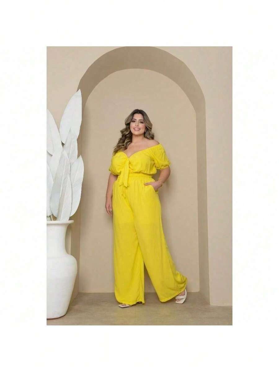 Plus Size Cropped And Pantaloon Set For Women - 黃色 - 查看 1