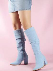 Nuevas botas altas de montar de tacón grueso con punta puntiaguda y cremallera lateral, versátiles para mujer, de moda europea y americana, para otoño/invierno colores únicos  Cowboy    Cremallera lateral    comodas  primavera,verano,otoño - Neblina azul - Ver 3