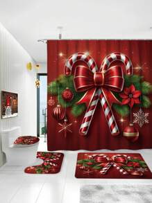 1/4 件圣诞冬季浴室窗帘套装，糖果球蝴蝶结装饰简约红绿色涤纶可洗浴帘，圣诞浴室装饰，带 12 个挂钩防滑浴垫和 U 型马桶座套