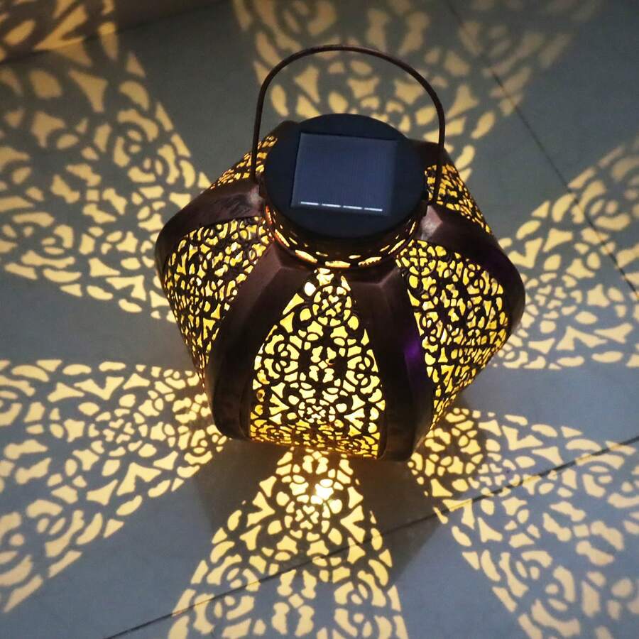 1pc Vintage Metal Hollow Floral Pattern Lantern With Top Handle, Emitting Warm Glow, Suitable For Christmas, Halloween, Wedding Celebration, Outdoor Garden Decor - Multicolor - View 1