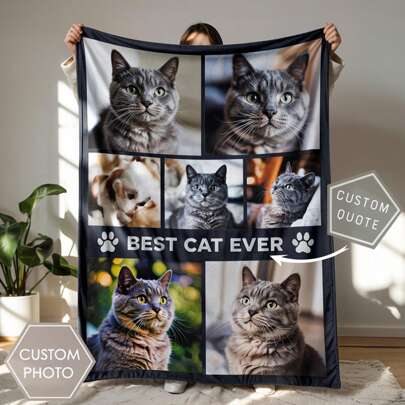1pc Personalised Flannel Blanket With Multiple Photos, Customized Pet Photos And Pet Name, HD Print Custom Photo Blanket, A Gift For The Dog, Commemorative Blanket, Great Holiday Gift Cozy, Warm, Soft, Comfortable Custom, Unique, Personalized Elegant