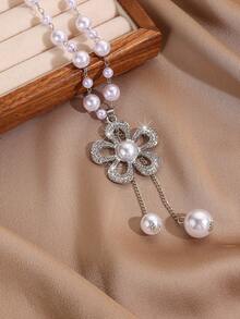 1 chiếc vòng cổ hoa hợp kim kẽm đính ngọc trai giả thủ công, thích hợp cho trang phục hàng ngày của phụ nữ - Bạc - Xem 3