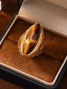 1pc Vintage Stainless Steel Personalized Retro Texture Tiger Eye Stone Signet Ring, Suitable For Men And Women, Daily, Festival, Engagement, Date, Wedding, Vacation Matching - Gold - View 12