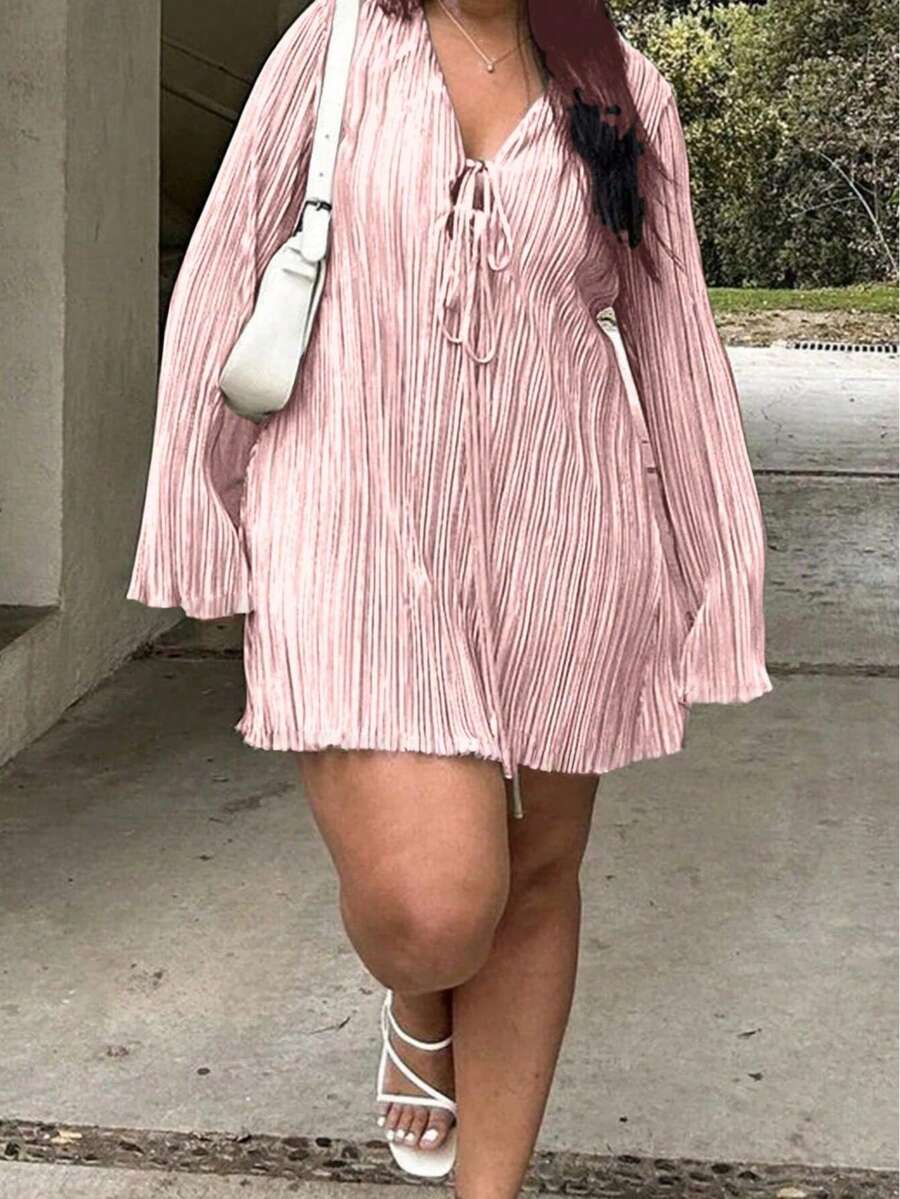 Plus Size Tie-Waisted Trumpet Sleeve Solid Color Dress, Flattering, Suitable For Summer Street Wear - Pink - View 1