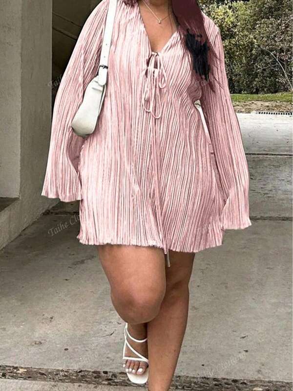 Vestido de unicolor con mangas de trompeta y cintura anudada, favorecedora, apta para usar en la calle en verano, tallas grandes