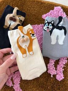3 Pairs Random Puppy & Egg Design Cute Sweet Girl Street Fashion Mid-Calf Socks - Multicolor - View 9