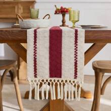 Handwoven Boho Farmhouse Table Runner - Fringed, Suitable For Dining Tables, Round Coffee Tables And Rustic Home Decor, Perfect For Wedding Receptions, Outdoor Parties And Valentine's Day Decorations. Rectangular Design, Fits Home And Dining Room Decor, Can Be Used As Kitchen Dining Table Centerpiece, Decorative Tableware Accessory And Rustic Decor. Beautifully Woven, Durable. - Red - View 4