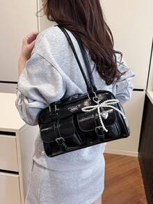 Classic Solid Color PU Waterproof Fabric, Letter Pattern Design, Zipper Closure, Pearl Pendant Decor, Fashionable Shoulder Bag - Black - View 7