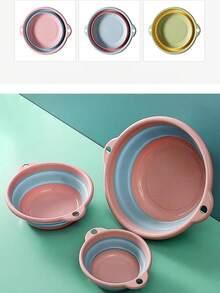 Foldable Wash Basin Set, Portable Plastic Basin Suitable For Travel, Camping, Laundry, Dorm Sink, Usable For Whole Family - Multicolor - View 2