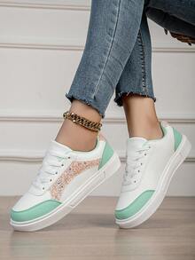 Damen Lässig Sportschuhe, Studentenschuhe für Skateboard, flache Laufschuhe, Modeschuhe, Schnürschuhe für Reisen, geeignet für alle Jahreszeiten, Niedrigschuhe, Farbblock Laufschuhe, Outdoor Lässig Schuhe