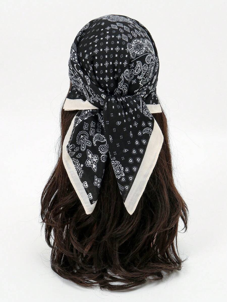 1 pieza Pañuelo cuadrado de 70cm con estampado simple, nueva bandana de primavera para mujer, versátil como cinturón, decoración de bolso, diadema, pañuelo de moda - Blanco y Negro - Ver 1