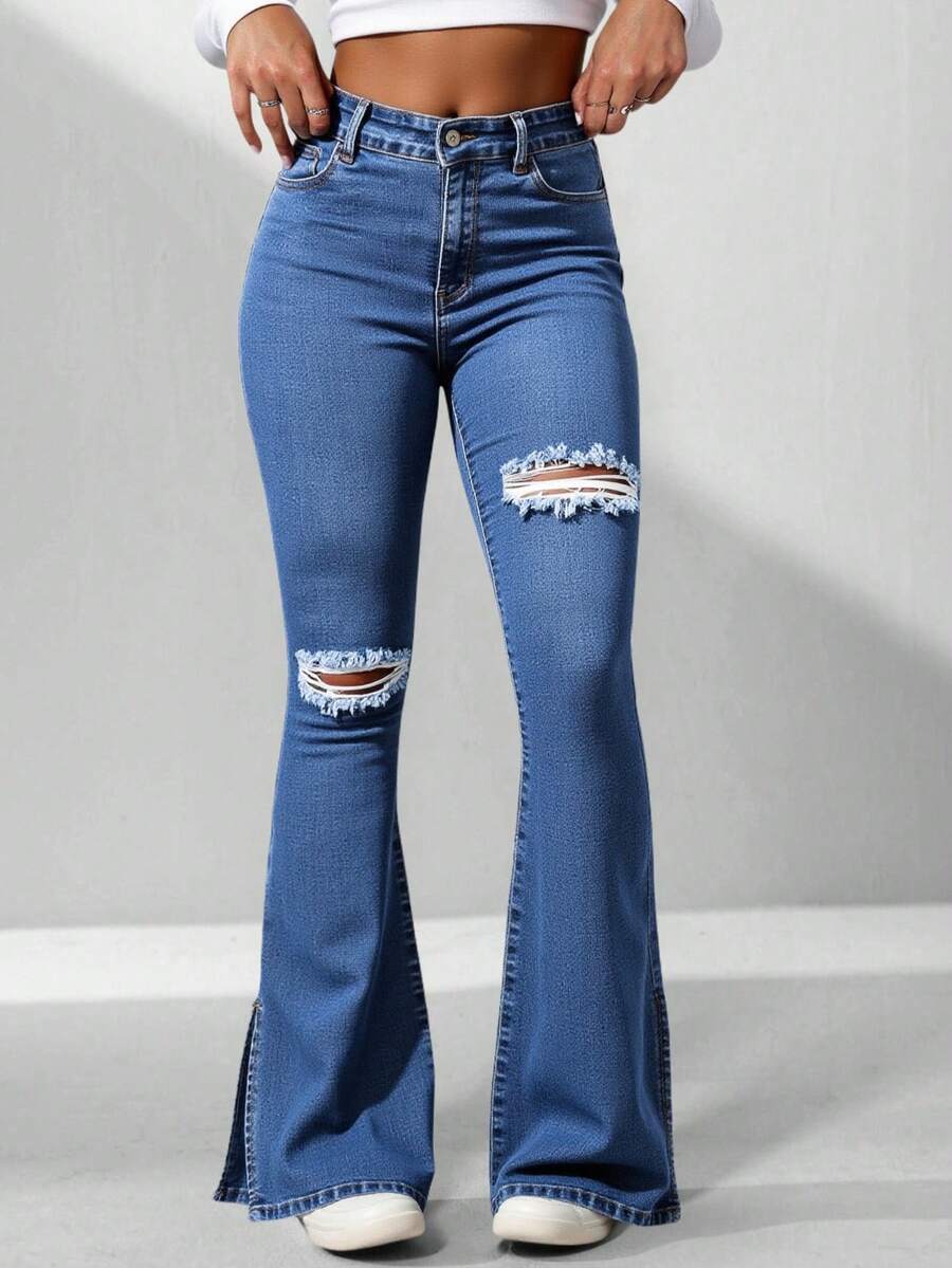 Pantalones vaqueros de campana ajustados y elásticos para mujer, diseño de jeans rotos, estilo elegante y fashion - Azul - Ver 1