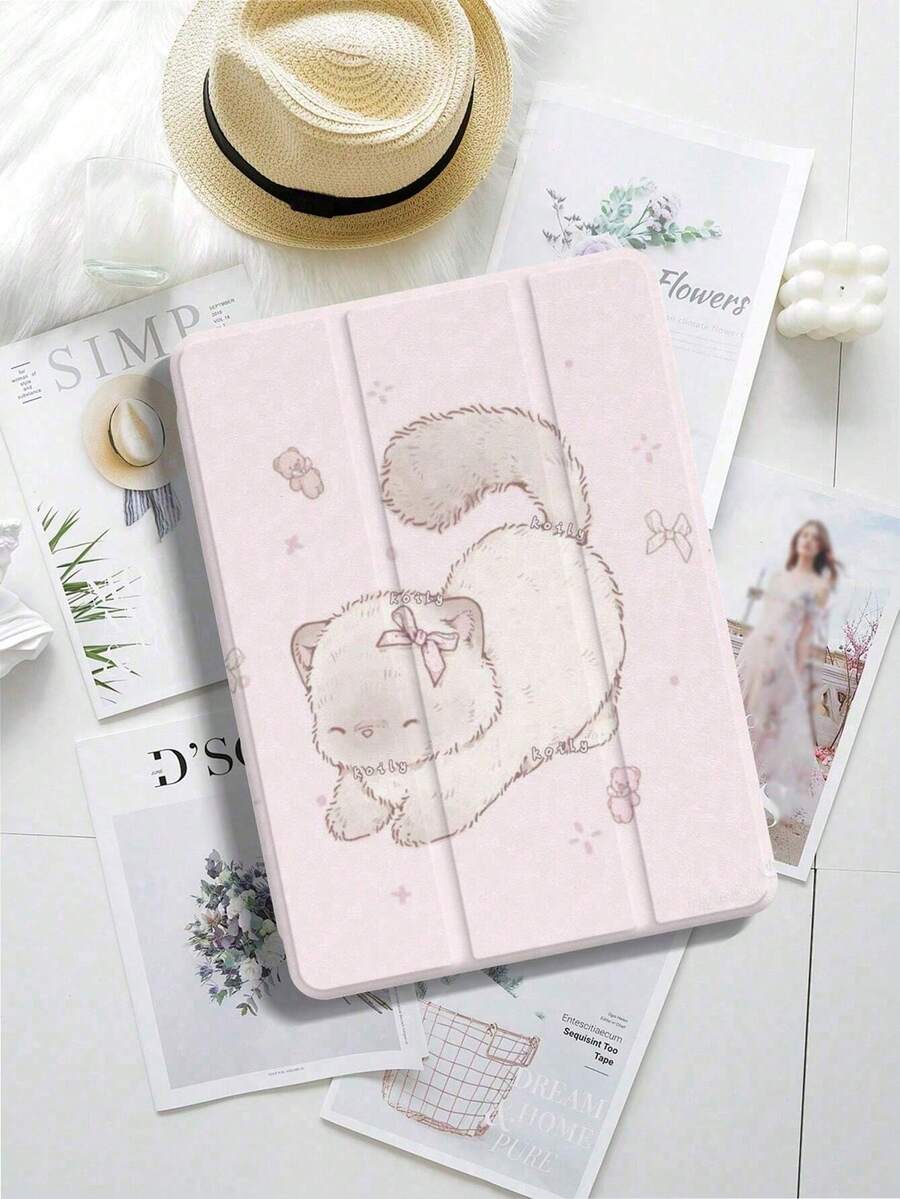 1pc Cute Cat Design Pattern Trifold Stand Tablet Case With Pencil Holder Tablet Case, Anti-Fall IPad Stand, Foldable Non-Slip Adjustable Stand, Flexible Hybrid Protective Case, Suitable For IPad Air 4/5 (10.9-Inch), IPad 7/8/9 (10.2-Inch) 5/6/Air 1/2 (9.7-Inch), Air 3 (10.5-Inch), Pro (11-Inch) 10th Generation, 12.9-Inch, 13-Inch Tablet Case,  S6/A7/A8/A9/S7/S8/S9/S10/S9FE Tablet Case - Nhiều màu - Xem 1