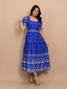 Helena Crepe Printed Midi Dress With Short Sleeves - Royal Blue - View 3