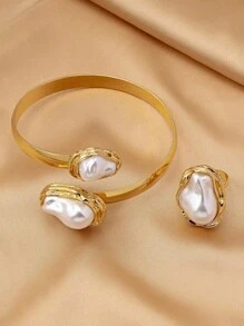 1 Set Barock Perlen Metall Anhänger Y-Kette Set, Vintage einzigartiger Metallstil, hochwertiges Halskette, Armband, Ring - Vintage, elegante flache Perlenkette, geeignet für Hochzeit, Party, Alltag, Urlaubsgeschenk für Frauen