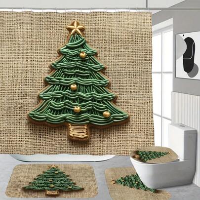 Juego de cortina de ducha con diseño de árbol de Navidad, tapa de inodoro y alfombra de baño - Tema forestal, de poliéster impermeable, 70.87*70.87 pulgadas