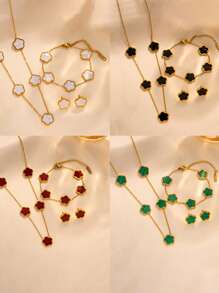 4pcs Stainless Steel 5-Petal Flower Jewelry Set: 1pc Necklace + 1pc Bracelet + 2pcs Earrings, Elegant Fashion Accessories For Women Valentines,Mom,Mother,Mother's Day,Gift