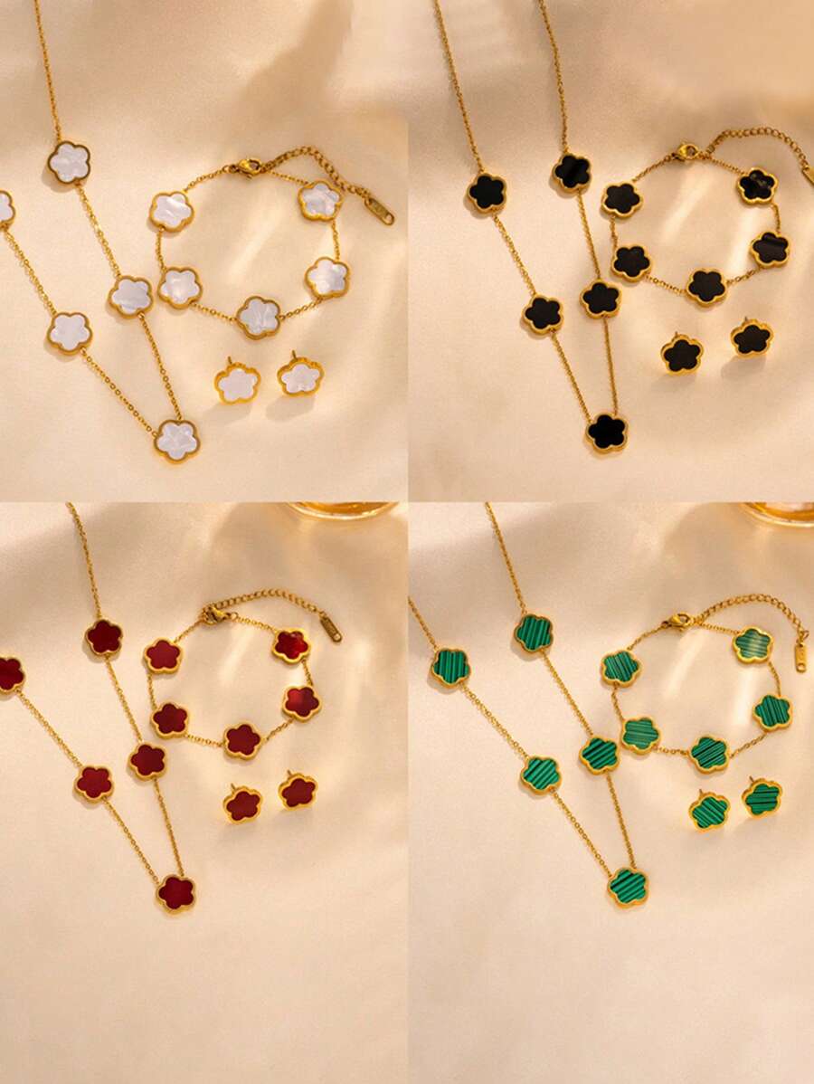 4pcs Stainless Steel 5-Petal Flower Jewelry Set: 1pc Necklace + 1pc Bracelet + 2pcs Earrings, Elegant Fashion Accessories For Women Valentines,Mom,Mother,Mother's Day,Gift