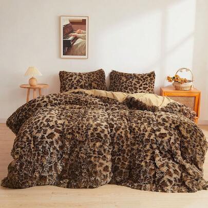 Cheetah Print Fluffy Faux Duvet Cover Set, 3 Pieces Soft Plush Shaggy Fuzzy Bedding Set (1 Leopard Print Comforter Cover + 2 Pillow Cases), Zipper Close (King, Brown)