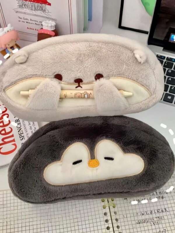 1 Piece Of Cute Penguin Otter Plush Pencil Case, Simple Large Capacity Pencil Bag, Suitable For Middle School And High School Students Cute Pencil Bag