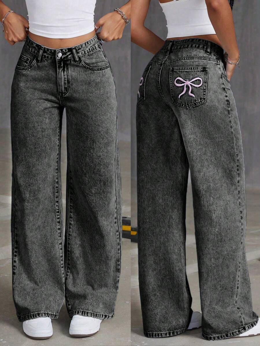 Teen Girls' Loose Fit Butterfly Print Denim Wide Leg Pants - Dark Grey - View 1