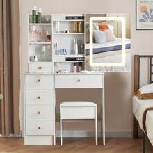 Nuevo juego de tocador con taburete, espejo deslizante, 6 cajones y tocador iluminado - Perfect For Organizing Makeup, Skincare, Elegant Vanity|Decorative Vanity, Vanity Furniture, Compact For Small Space, Bedroom Decor Gift, Perfect Gift For Women Girls , Ideal para regalos de Navidad y Halloween. - Blanco - Ver 1