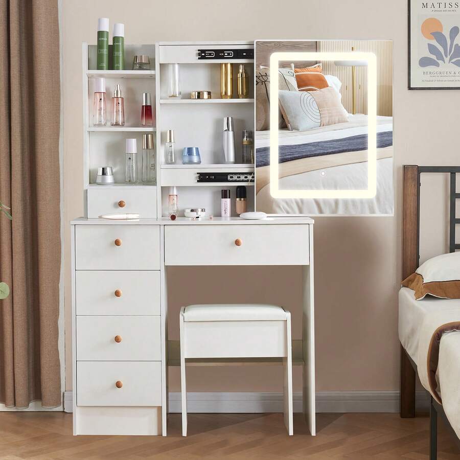 Nuevo juego de tocador con taburete, espejo deslizante, 6 cajones y tocador iluminado - Perfect For Organizing Makeup, Skincare, Elegant Vanity|Decorative Vanity, Vanity Furniture, Compact For Small Space, Bedroom Decor Gift, Perfect Gift For Women Girls , Ideal para regalos de Navidad y Halloween. - Blanco - Ver 1