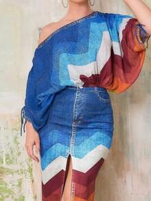 2-teiliges Outfit-Set für Frauen Streetwear Sommeroutfits mit Röcken Fake-Denim-Print Elegante schicke offene Schlitzrock lange sexy Damen