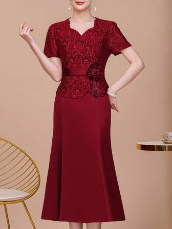 Elegant Luxurious Wine Red Lace Sparkling Rhinestone Flared Dress, Heavily Embellished Shiny Rhinestone Evening Gown, 3D Floral Details, Suitable For All Seasons, Appropriate For Weddings, Events, Parties, Vacations, Balls, Galas, Ceremonies, Holidays, Mother Of The Bride Dress