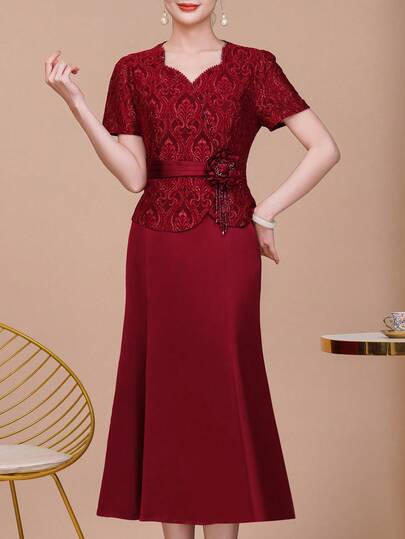 Women's Summer Burgundy Flared Short Sleeve Dress, Heavily Embellished With Sparkling Rhinestones, Elegant High-End Formal Gown With 3D Floral Details, Suitable For Weddings, Events, Parties, Vacations, Galas, Ceremonies, Festivals, Mother Of The Bride Outfits