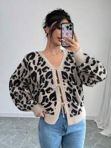 Plus Size Women V-Neck Tie-Dye Drop Shoulder Long Sleeve Loose Casual Cardigan Sweater, Autumn/Winter