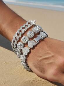 3pcs Set Fashionable Sparkling Crystal Cuban Link Chain Bracelet For Women Men, Thick Hip Hop Ice Chain Jewelry, Ideal For Valentine's Day, Holiday Party Gifts