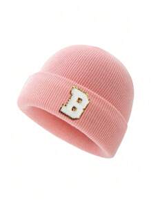 1 件儿童针织帽，带 26 个字母图案，保暖无檐小帽，适合女婴日常穿着 - 粉色 - 查看 62