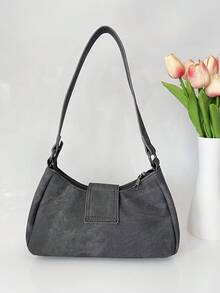 Fashionable Retro Women's Bag, Versatile Mini Motorcycle Bag, Y2K Babe Bag, Shoulder Underarm Bag, Pleated Baguette Bag, Ombre Gray Denim Effect PU Leather Women Handbag - Grey - View 6