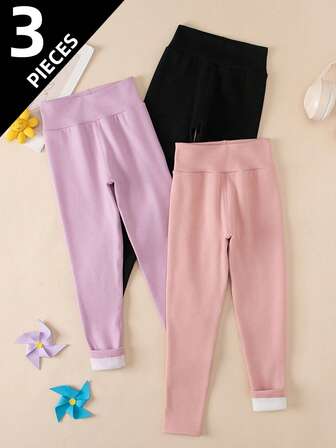 3条装女童纯色保暖打底裤，适合秋冬季节，可内穿或外穿，适合4-12岁儿童