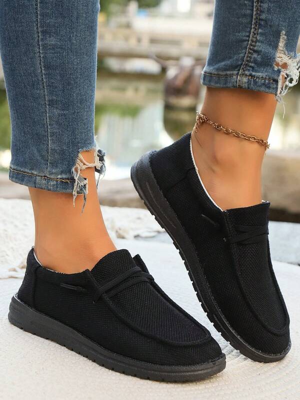 Talla 43 Zapatillas de lona negras para mujer, zapatos planos versátiles y casuales, transpirables, ligeros y de suela blanda, talla grande