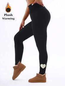 Women's Thermal Lined Black Leggings, Fashionable & Casual, With Heart Reflective & Fluorescent Print, Elegant Stretchy Skinny Pants For Home, Workout, Yoga, Fitness, Outdoor, Casual Wear, Gifts