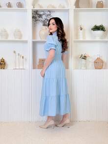 Midi Dress Luxury Elegant Sensory Cotton Short Sleeve - 淺藍色 - 查看 2