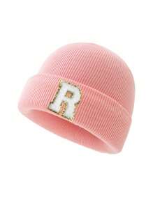 1 件儿童针织帽，带 26 个字母图案，保暖无檐小帽，适合女婴日常穿着 - 粉色 - 查看 80