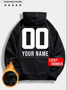 Customized Men's Zip-Up Hoodie Sweatshirt - Customizable Fun Sweatshirt, Can Print Your Lucky Number, Font, Jersey Number, Anniversary, Birthday, Music Festival, Christmas, Halloween, Thanksgiving, Work Logo, Advertising, School Uniform, Black Zip-Up Jacket, Suitable For Autumn And Winter, Thermal Lined Pocket Sweatshirt With Drawstring, Long Sleeve Top - Black - View 3