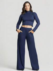 Women's Wide Leg Ribbed Palazzo Pants With Pocket - Navy Blue - View 4