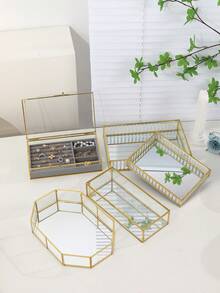 1个透明玻璃盖收纳盒，首饰整理托盘，可收纳化妆品、口红，可放在梳妆台上，防尘首饰盒，送给女孩的礼物 - 金色 - 查看 2