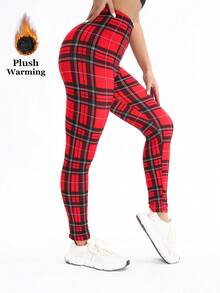 3 Packungen Damen Karomuster Fleece Leggings, lässige vielseitige elastische Skinny Hosen mit rotem Streifenmuster, geeignet für Training, Outdoor, Lässig Tragen, weich und bequem, Knöchellänge